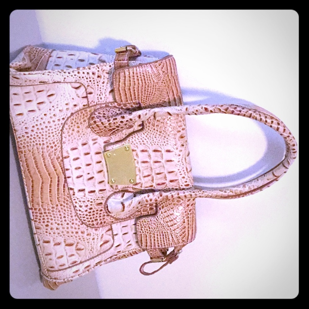 Croc Embossed Vegan Leather Satchel | Cream/Cognac